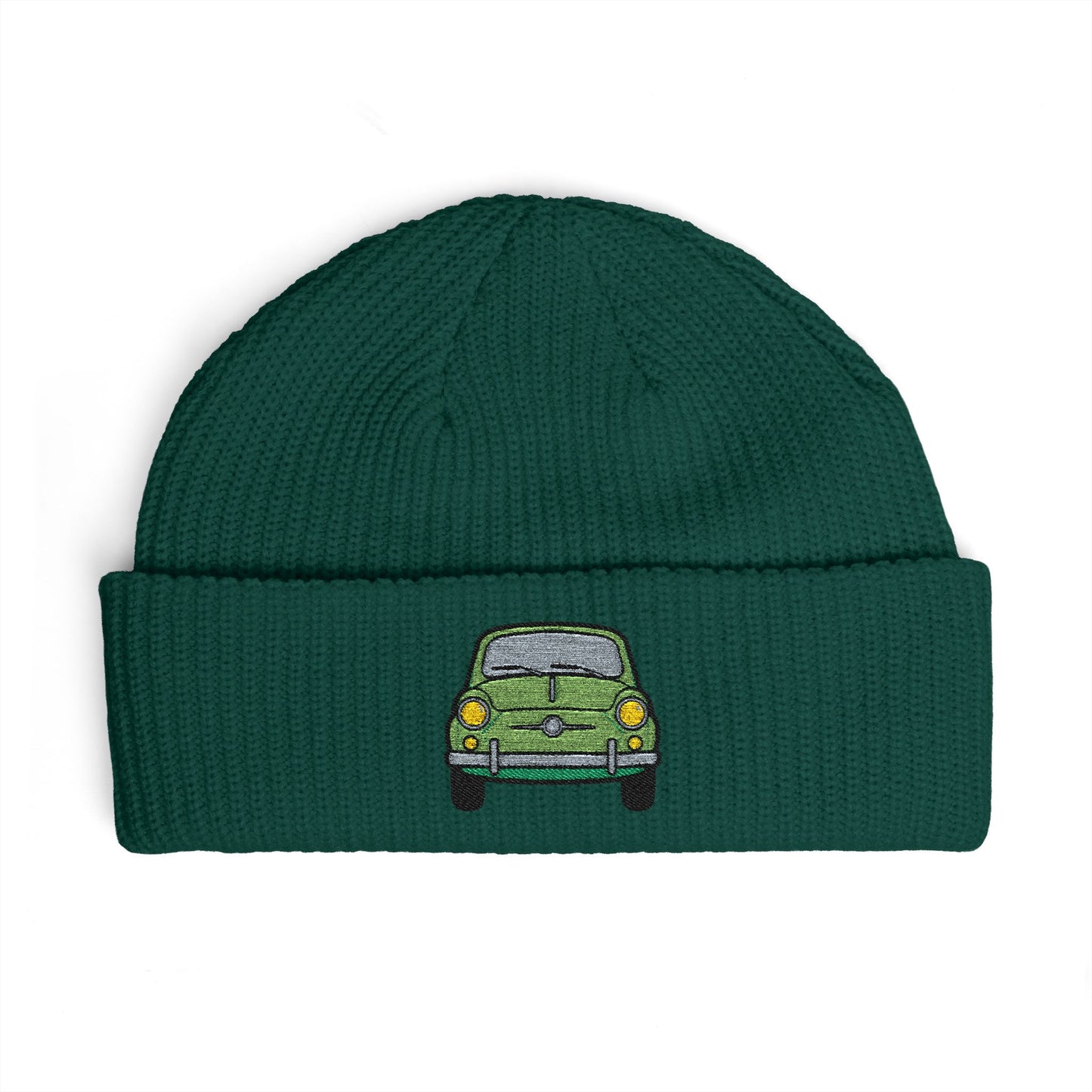 Cuff Beanie — Retro Green Car Embroidered Knit Hat Hats Printify