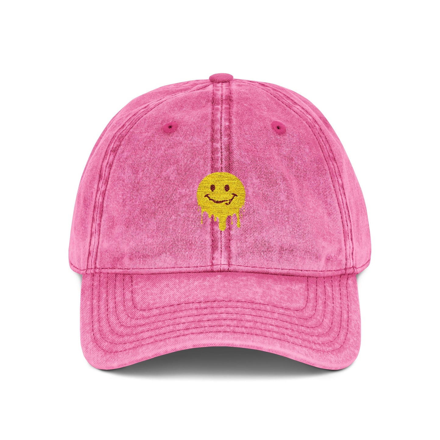 Embroidered Vintage Cap — Dripping Yellow Smiley Face Hat Hats Printify One size Pink