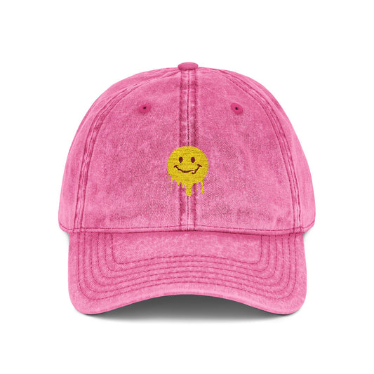 Embroidered Vintage Cap — Dripping Yellow Smiley Face Hat Hats Printify One size Pink