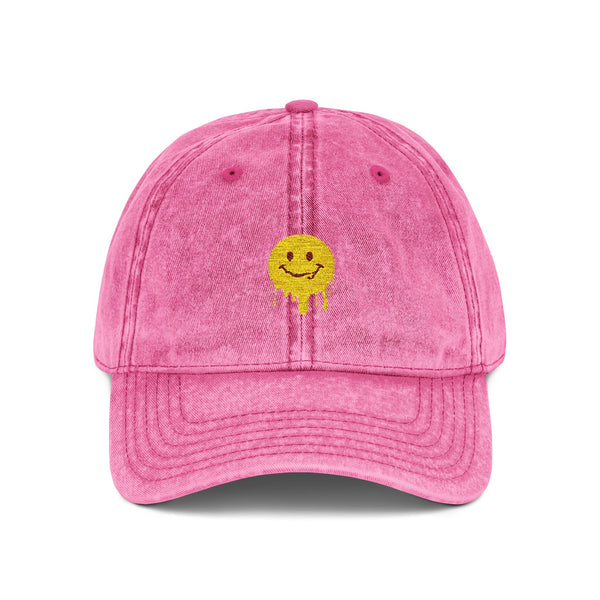 Embroidered Vintage Cap — Dripping Yellow Smiley Face Hat Hats Printify One size Pink