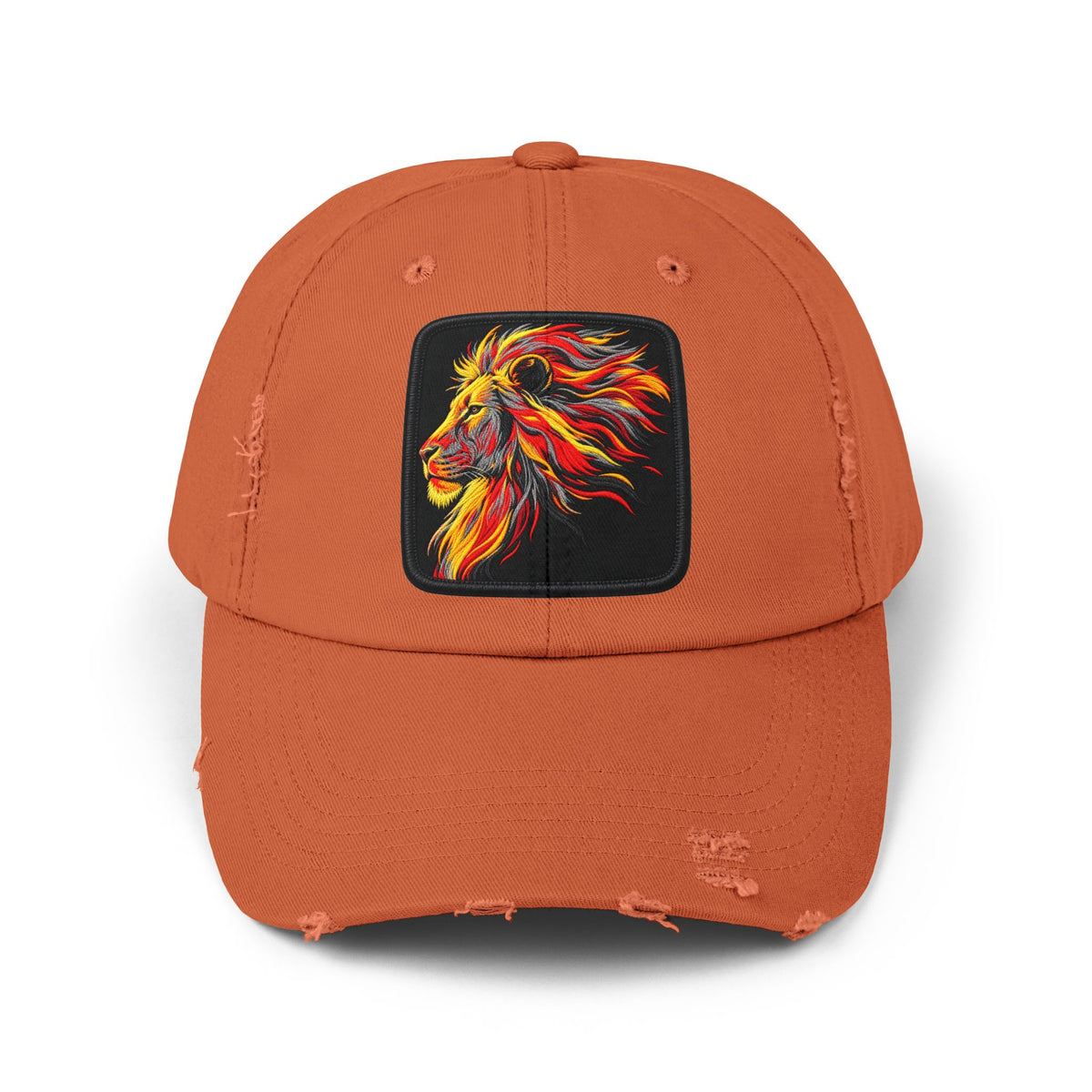Distressed Cap — Vibrant Flame Lion Embroidered Baseball Hat Hats Printify Burnt Orange One size