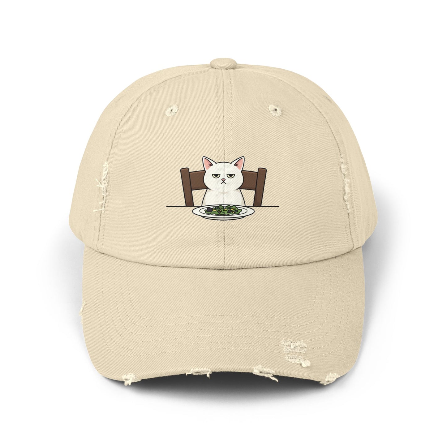 Distressed Cat At Dinner Cap — Cute White Cat Sitting at Table Baseball Hat Hats Printify Stone One size