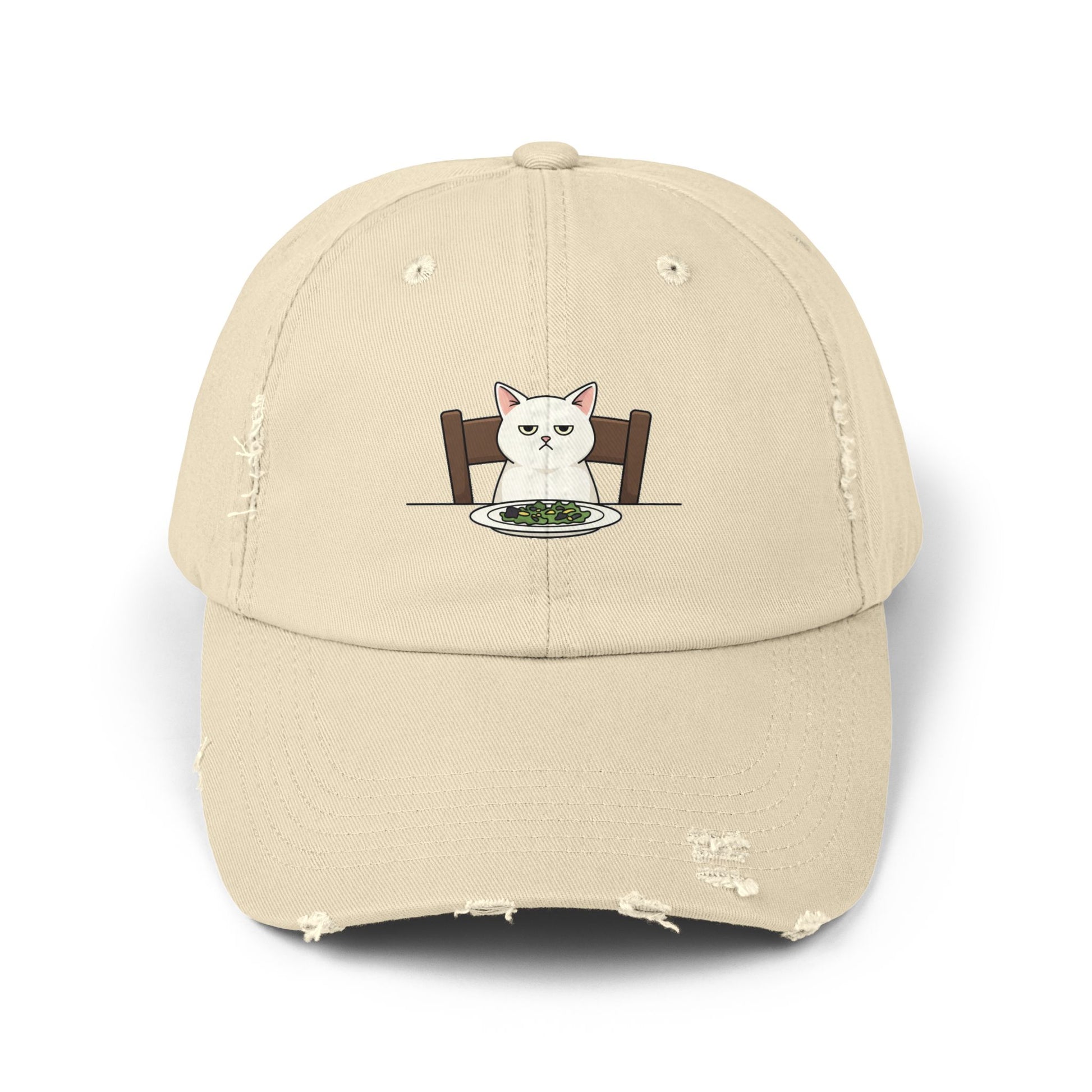 Distressed Cat At Dinner Cap — Cute White Cat Sitting at Table Baseball Hat Hats Printify Stone One size