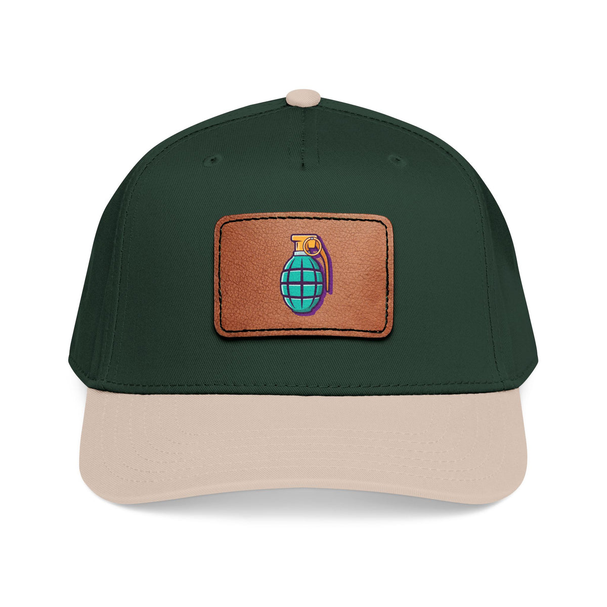 Leather Patch Baseball Cap — Retro Grenade Patch Hat Hats Printify One size Khaki / Dark Green / Light Brown patch Rectangle