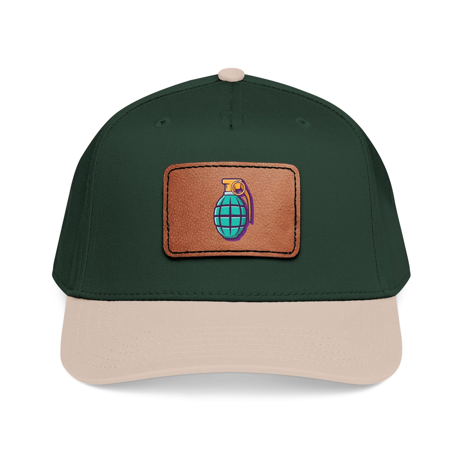 Leather Patch Baseball Cap — Retro Grenade Patch Hat Hats Printify One size Khaki / Dark Green / Light Brown patch Rectangle