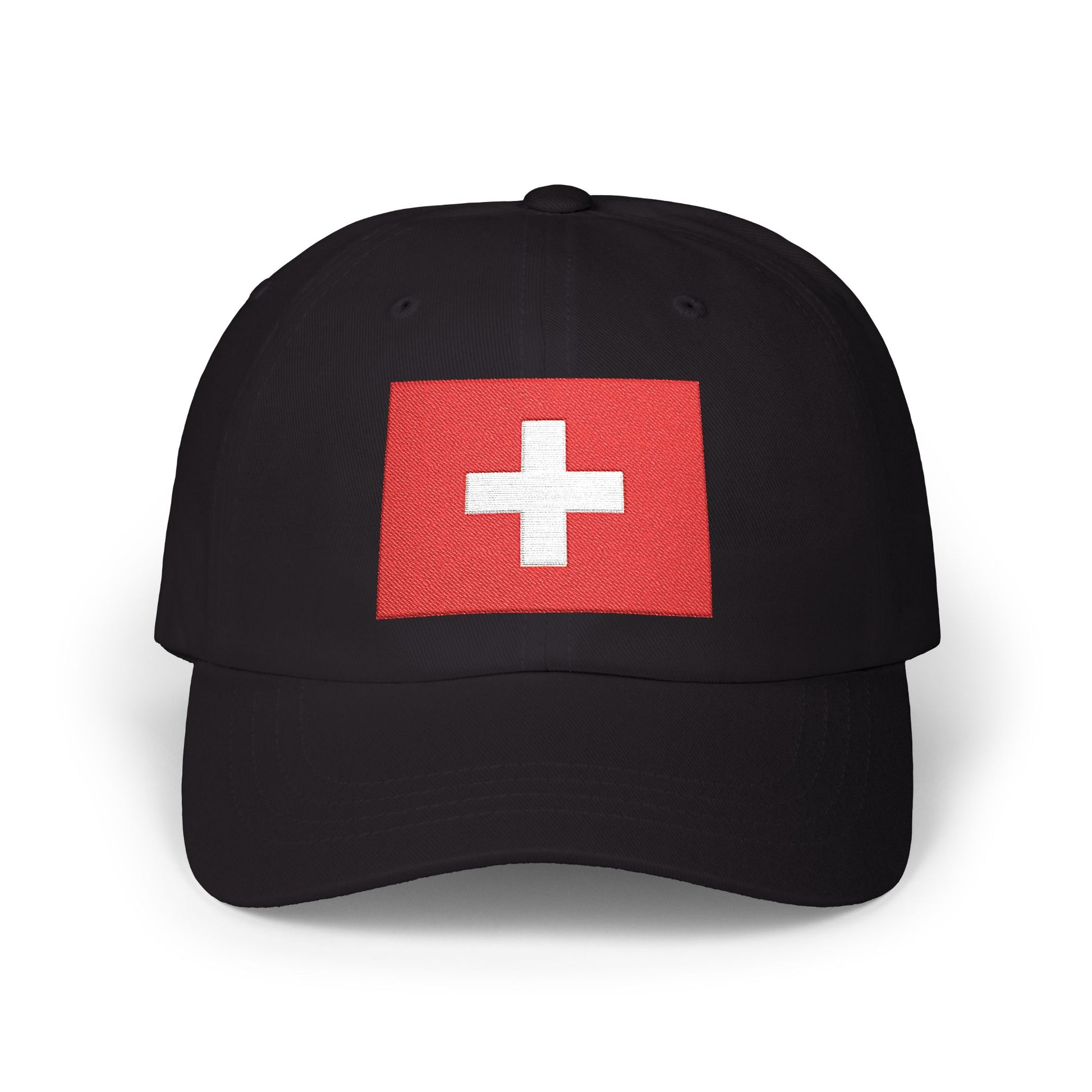 Dad Cap with Swiss Flag Embroidered Patch — Classic White Adjustable Hat Hats Printify Black One size