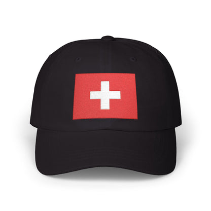 Dad Cap with Swiss Flag Embroidered Patch — Classic White Adjustable Hat Hats Printify Black One size
