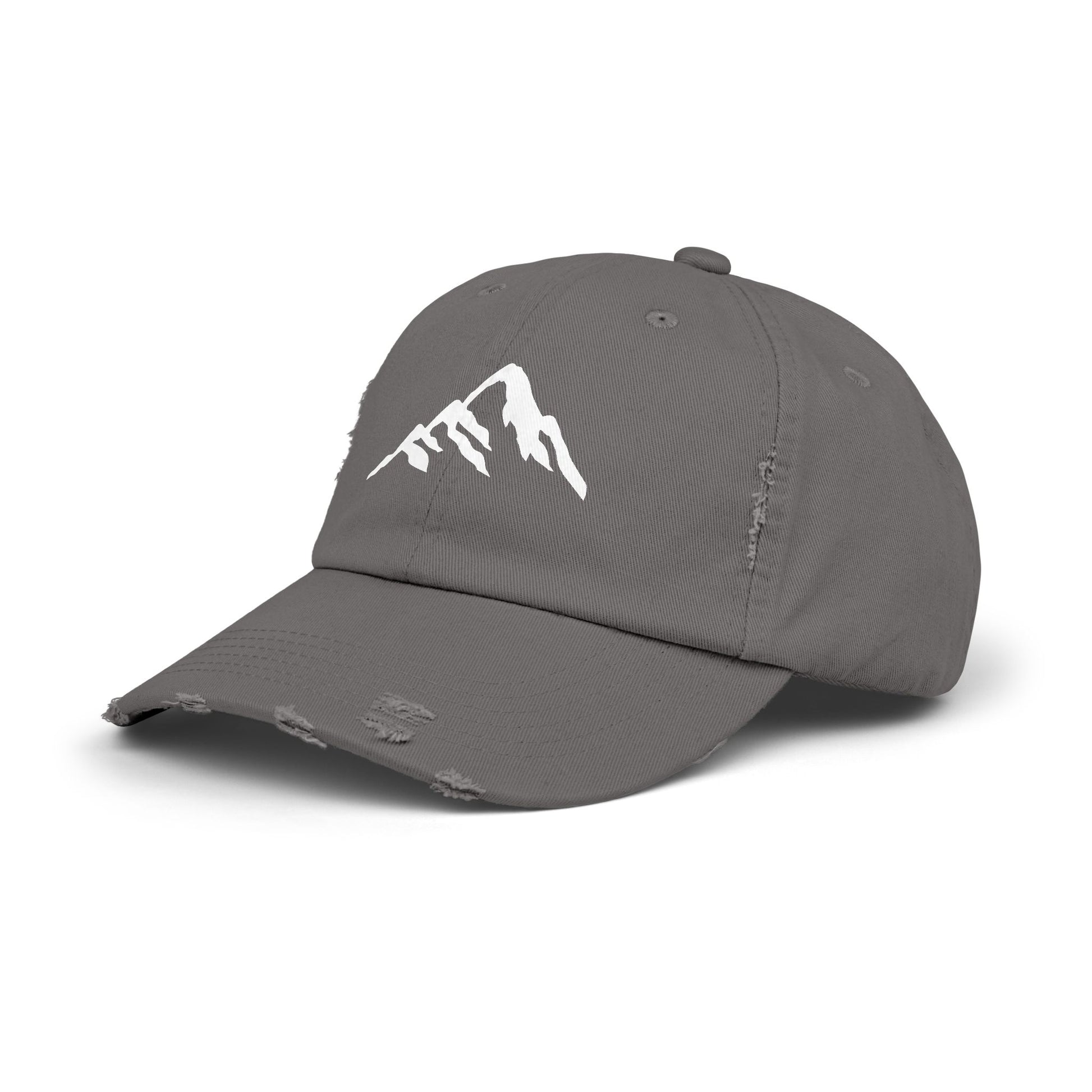 Distressed Mountain Hat — Minimal White Peak Embroidered Cap
