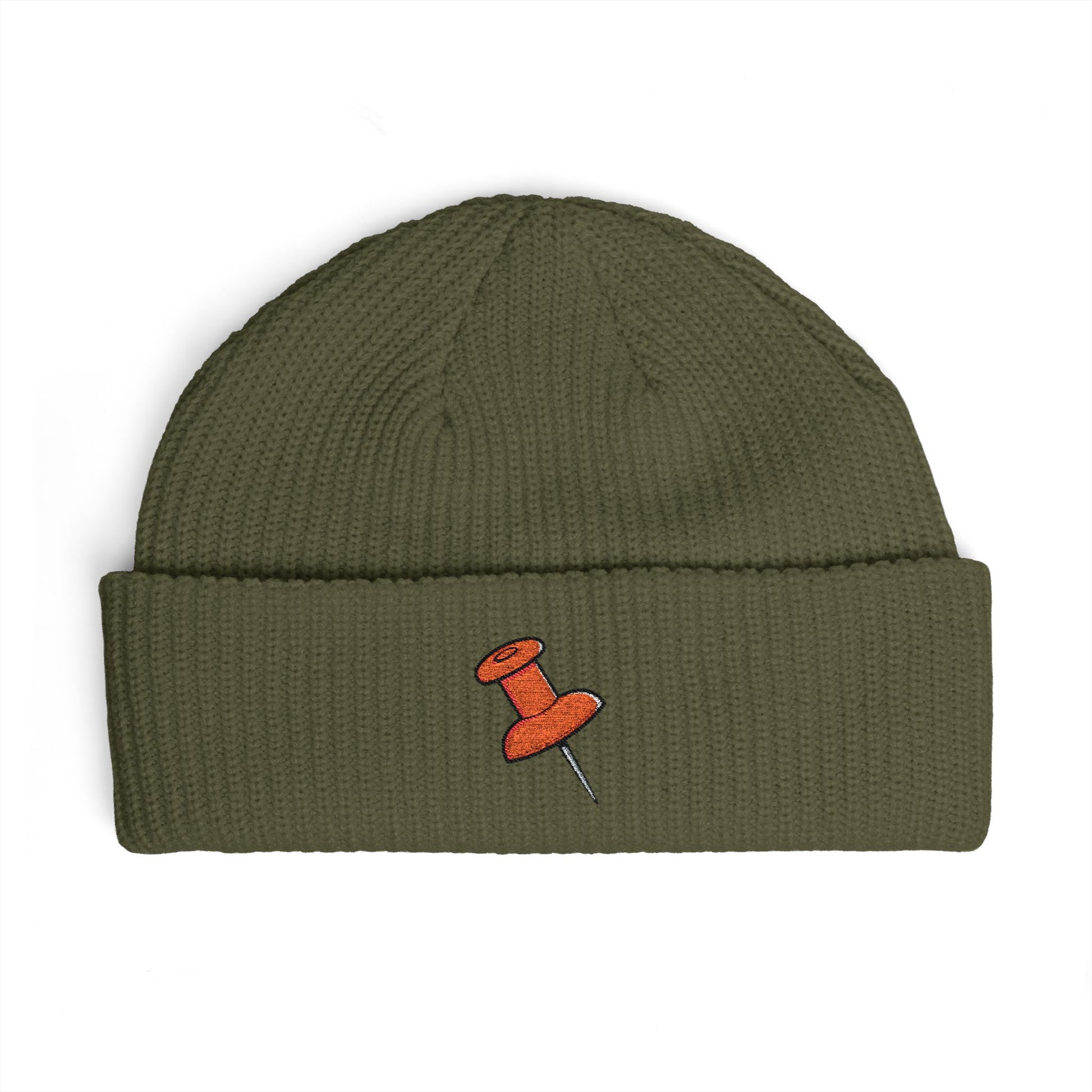 Cuff Beanie with Orange Pushpin Embroidery – Casual Streetwear Knit Hat Hats Printify One size Army