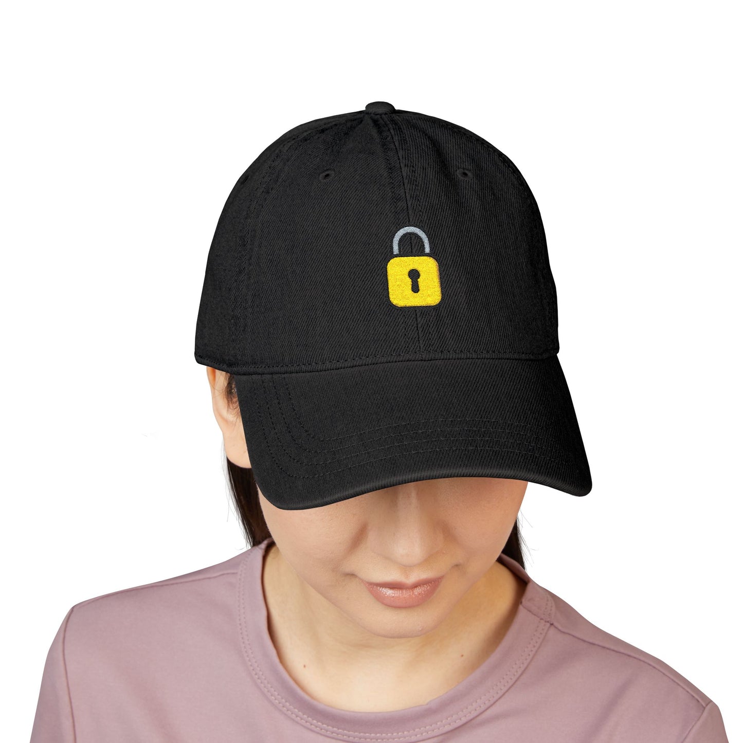 Embroidered Lock Denim Hat — Minimal Yellow Padlock Cap