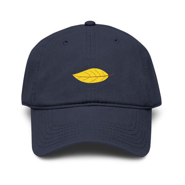Washed Cotton Baseball Cap with Embroidered Yellow Leaf – Casual Fall Hat Hats Printify One size Navy