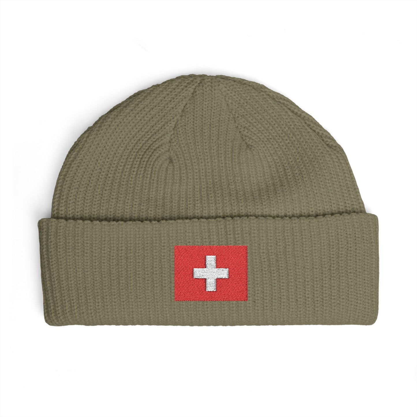 Swiss Cross Cuff Beanie — Embroidered Red Flag Patch Winter Hat Hats Printify One size Eucalyptus