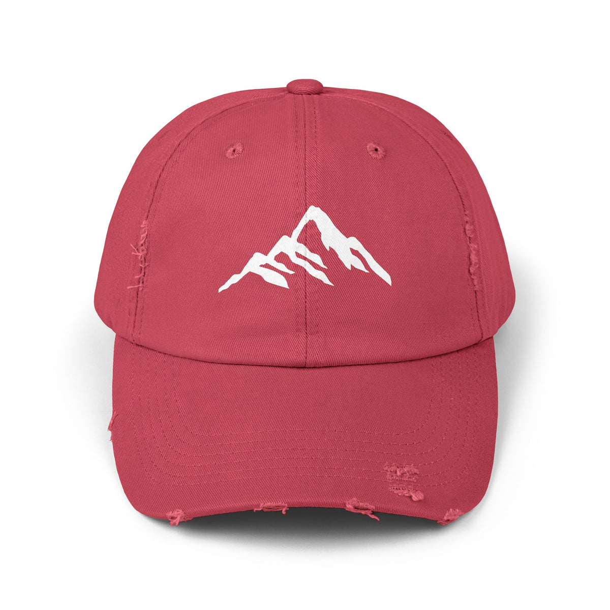 Distressed Mountain Hat — Minimal White Peak Embroidered Cap Hats Printify Dashing Red One size