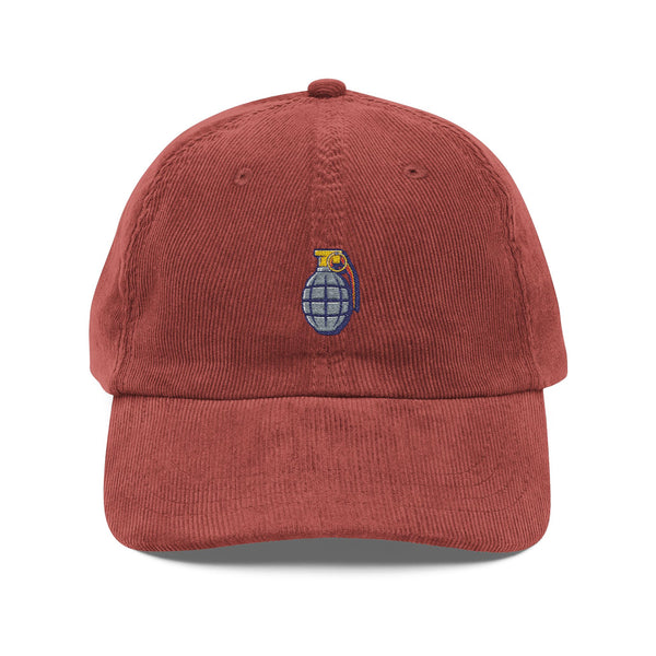 Corduroy Cap — Embroidered Grenade Patch Vintage Dad Hat Hats Printify Burgundy One size