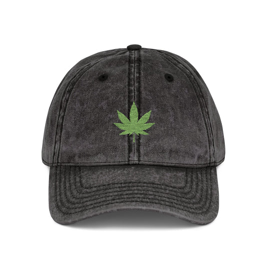 Vintage Embroidered Weed Leaf Cap Hats Printify One size Black