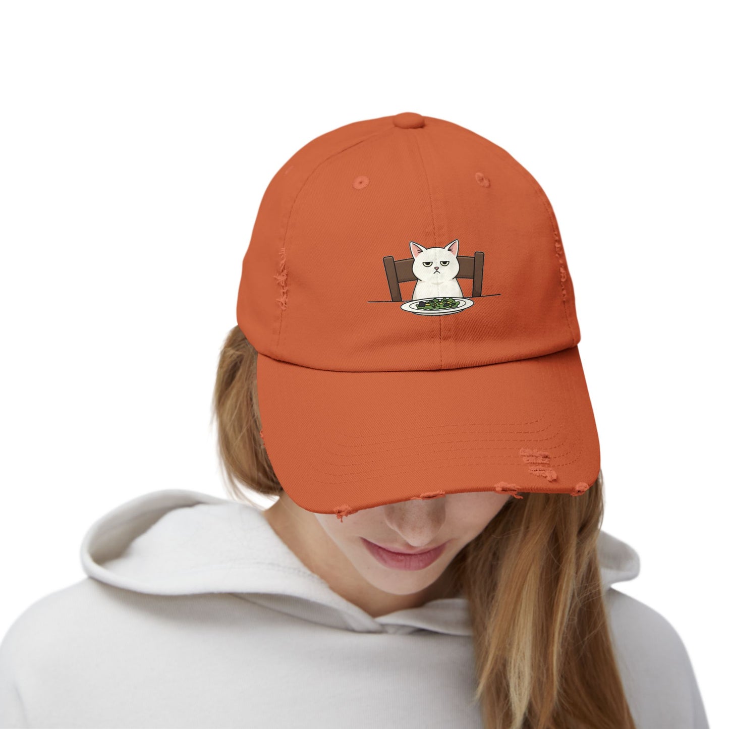 Distressed Cat At Dinner Cap — Cute White Cat Sitting at Table Baseball Hat