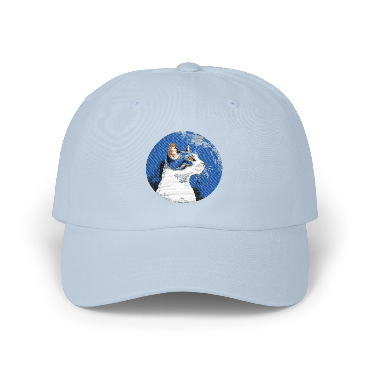 Dad Cap – White Embroidered Dog in Snow Patch Hat Hats Printify Light Blue One size