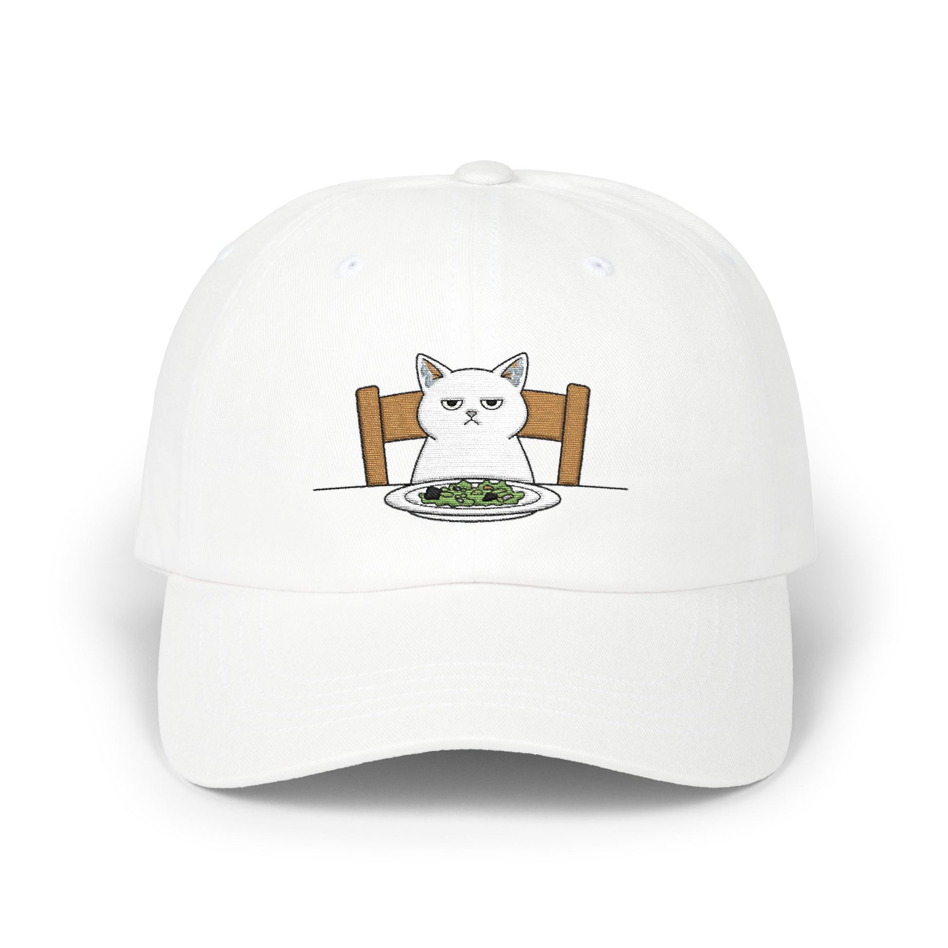 Dad Cap — Grumpy Cat at Dinner Embroidered Hat Hats Printify White One size