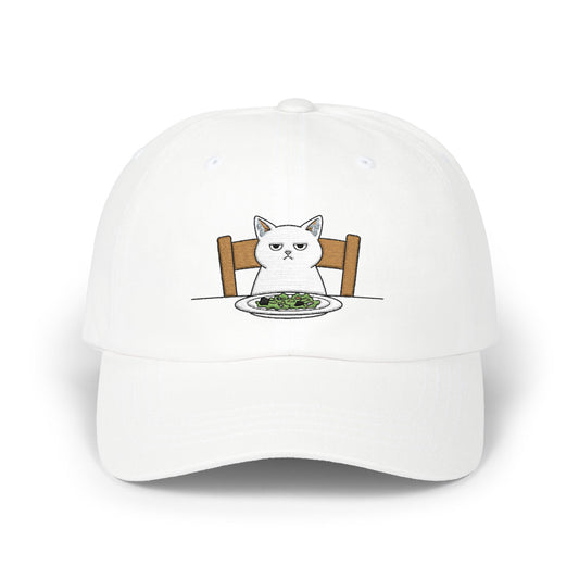 Dad Cap — Grumpy Cat at Dinner Embroidered Hat Hats Printify White One size