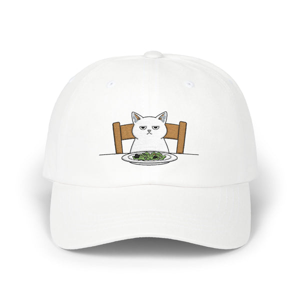 Dad Cap — Grumpy Cat at Dinner Embroidered Hat Hats Printify White One size