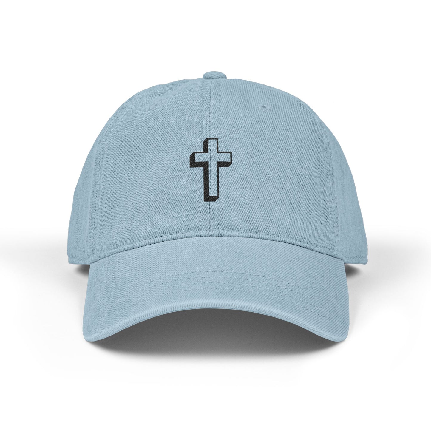 Embroidered Cross Denim Hat — Black Church Baseball Cap Hats Printify One size Light Blue