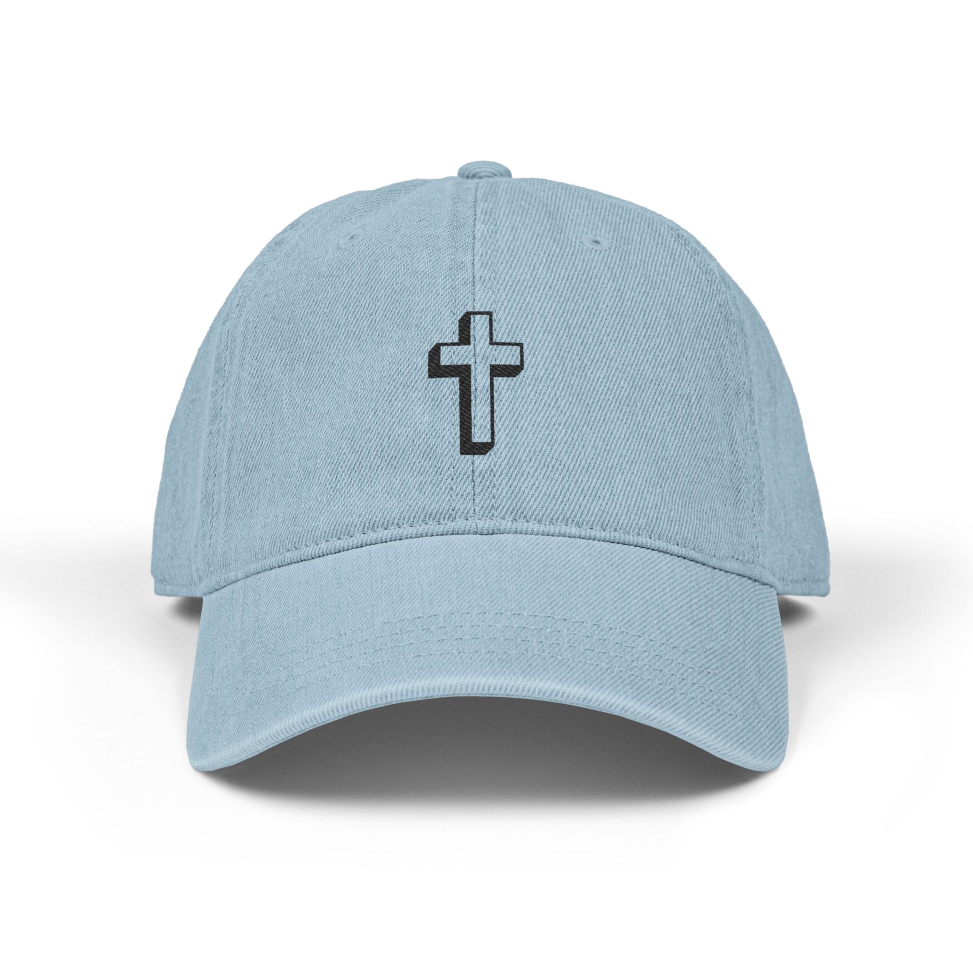 Embroidered Cross Denim Hat — Black Church Baseball Cap Hats Printify One size Light Blue