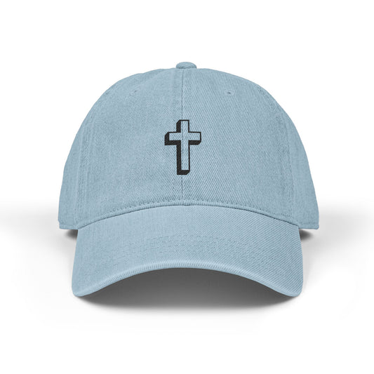 Embroidered Cross Denim Hat — Black Church Baseball Cap Hats Printify One size Light Blue