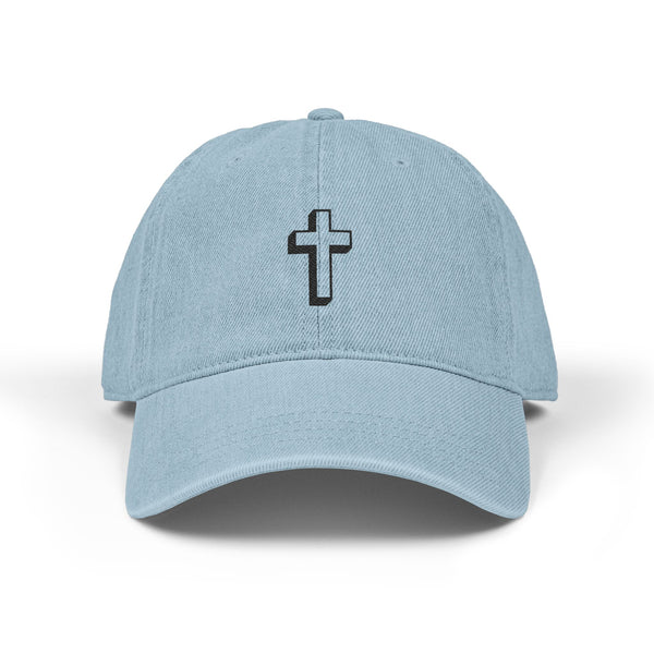Embroidered Cross Denim Hat — Black Church Baseball Cap Hats Printify One size Light Blue