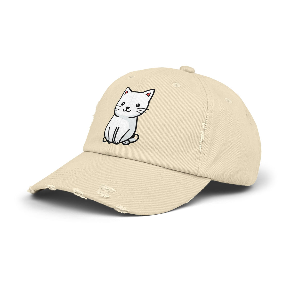 Distressed Black Cap with Cute White Cat Graphic Hats Printify