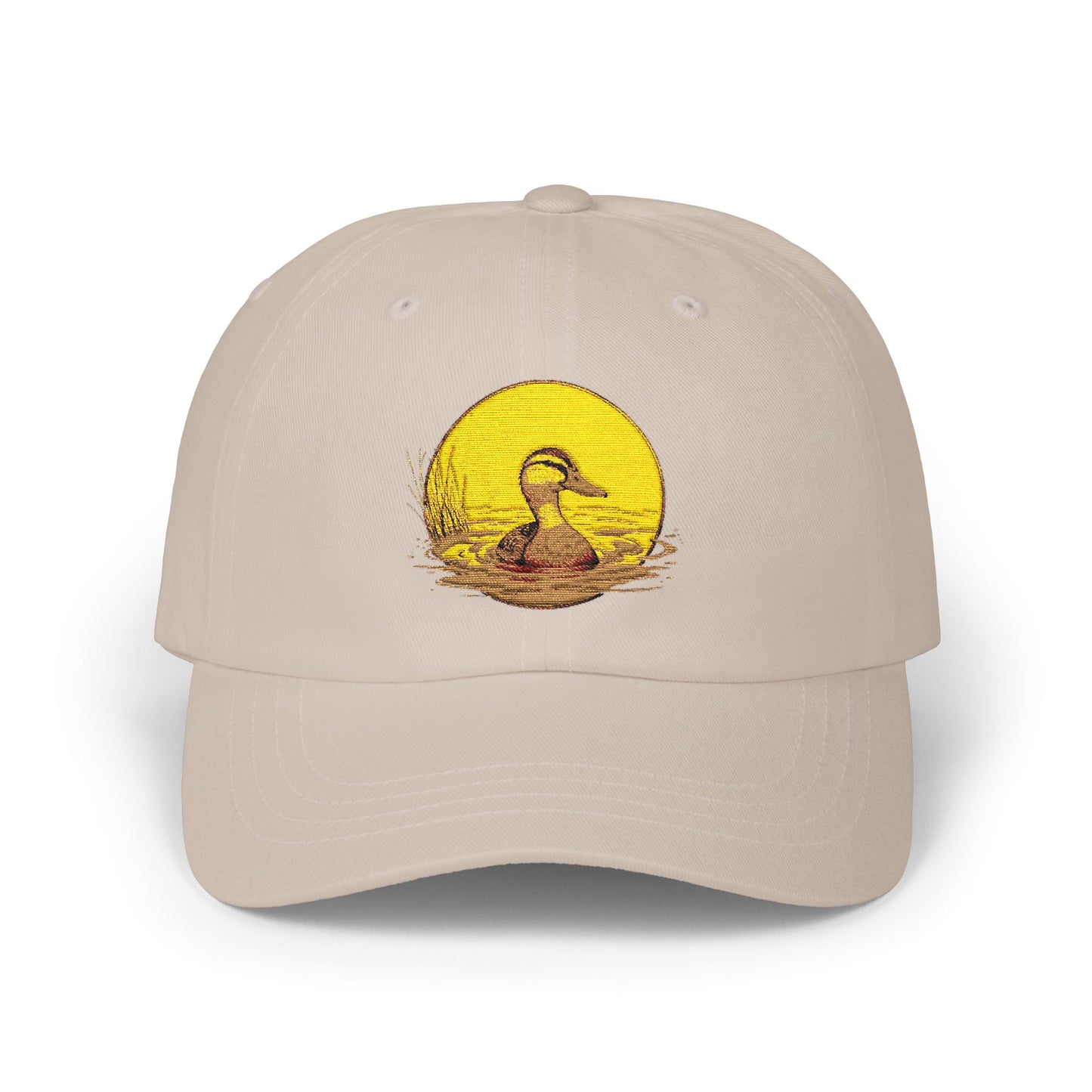 Duck Sunset Dad Cap — Embroidered Duck on Yellow Sun Baseball Hat Hats Printify Stone One size