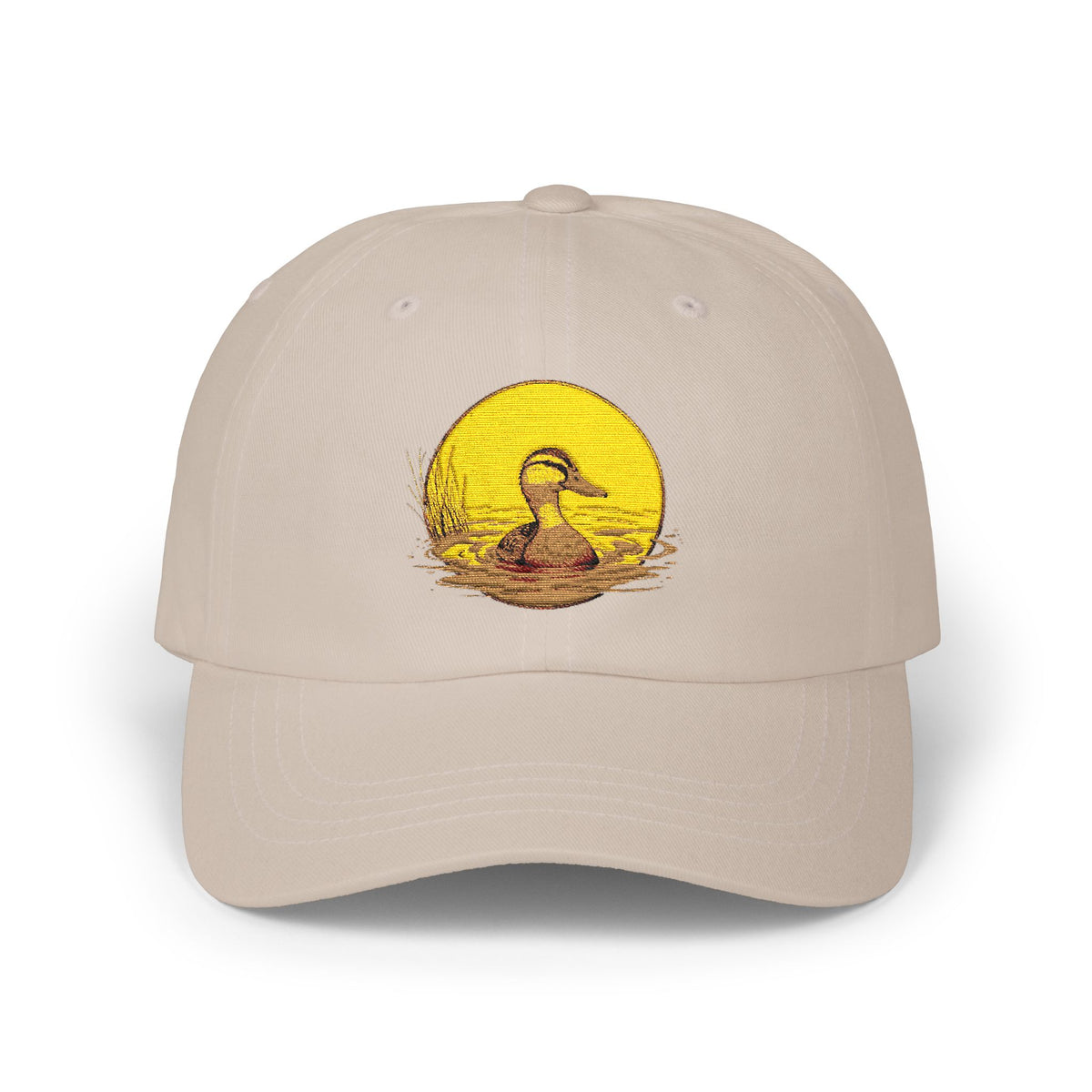 Duck Sunset Dad Cap — Embroidered Duck on Yellow Sun Baseball Hat Hats Printify Stone One size