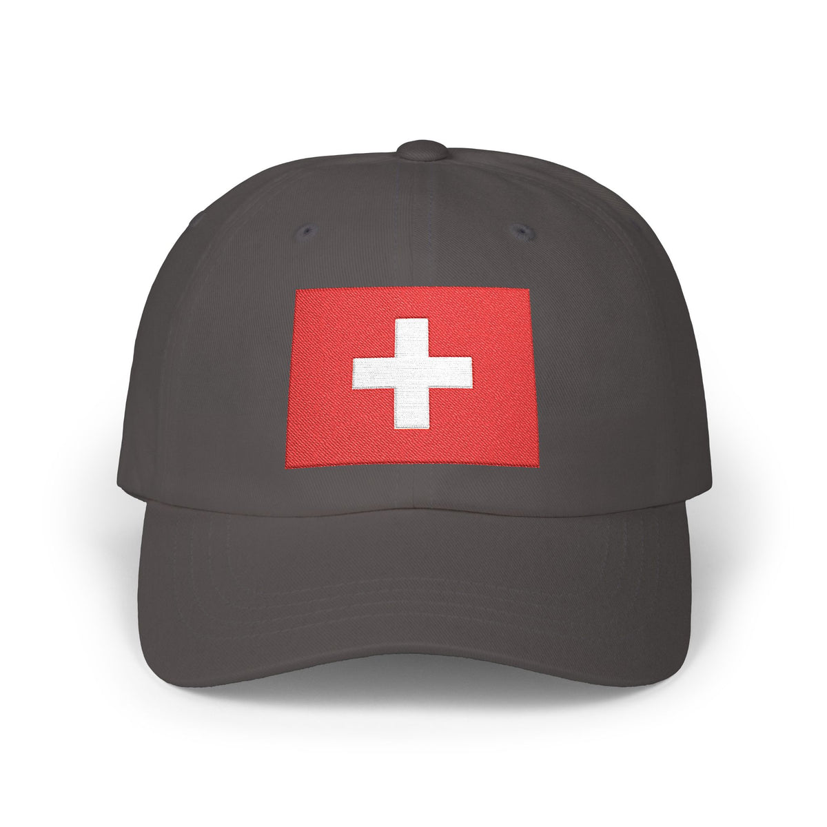 Dad Cap with Swiss Flag Embroidered Patch — Classic White Adjustable Hat Hats Printify Dark Grey One size
