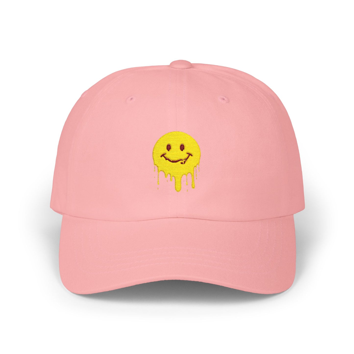 Smiling Melt Dad Cap — Dripping Smiley Embroidered Baseball Hat Hats Printify Pink One size