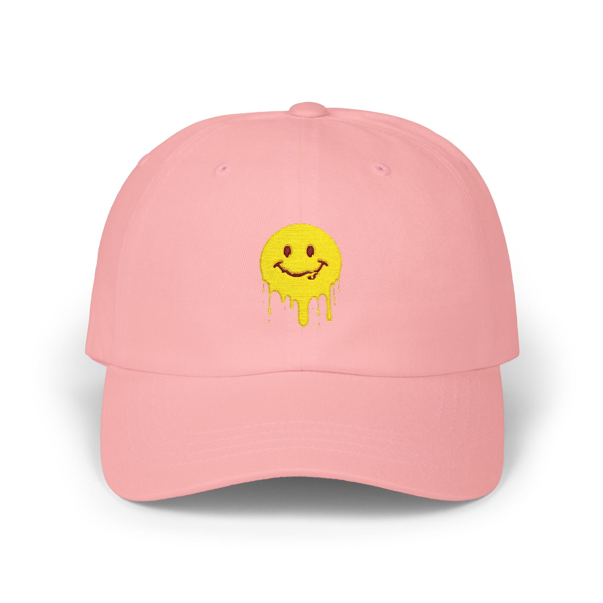 Smiling Melt Dad Cap — Dripping Smiley Embroidered Baseball Hat Hats Printify Pink One size