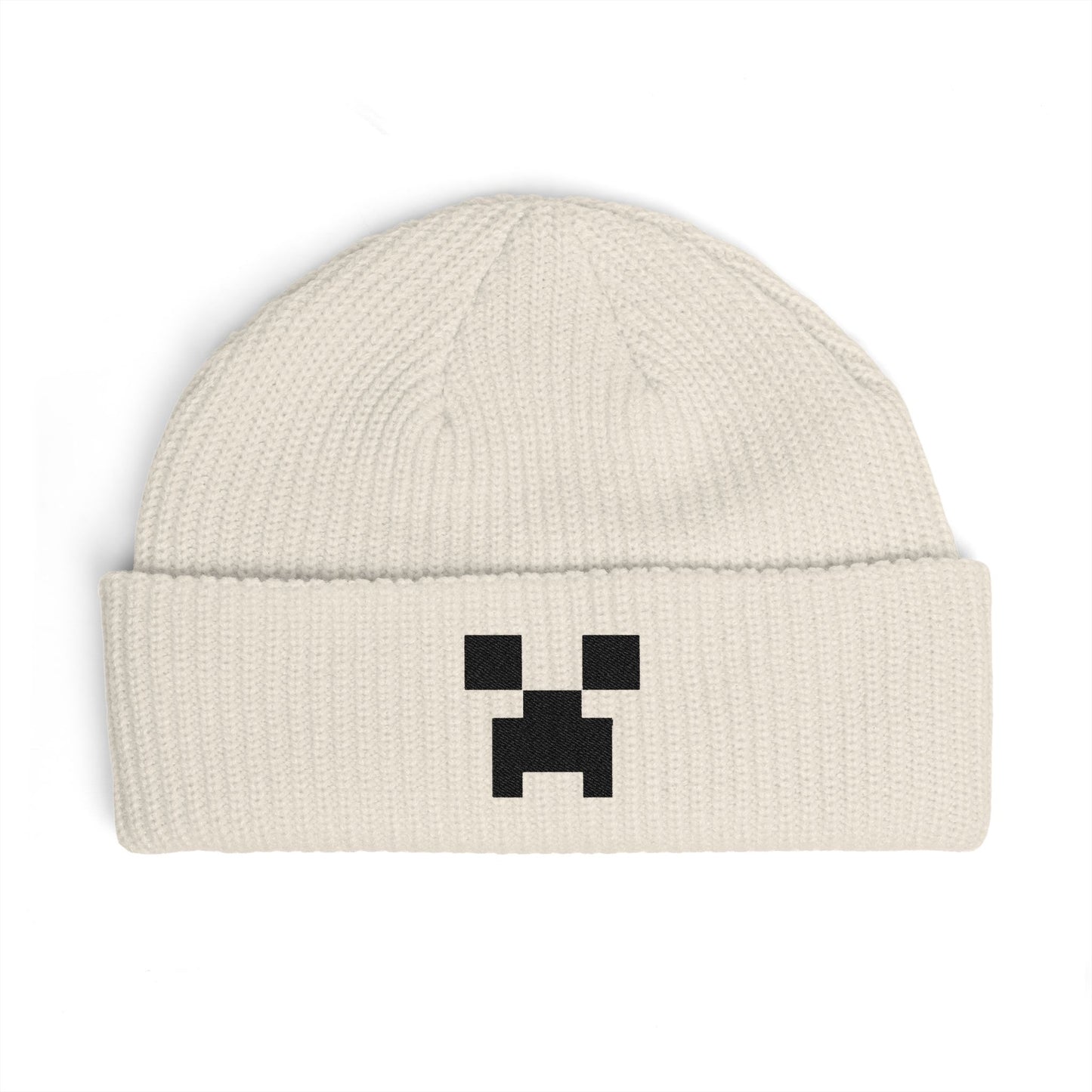Pixel Creeper Face Cuff Beanie | Gaming Minecraft Inspired Knit Hat Hats Printify One size Ecru