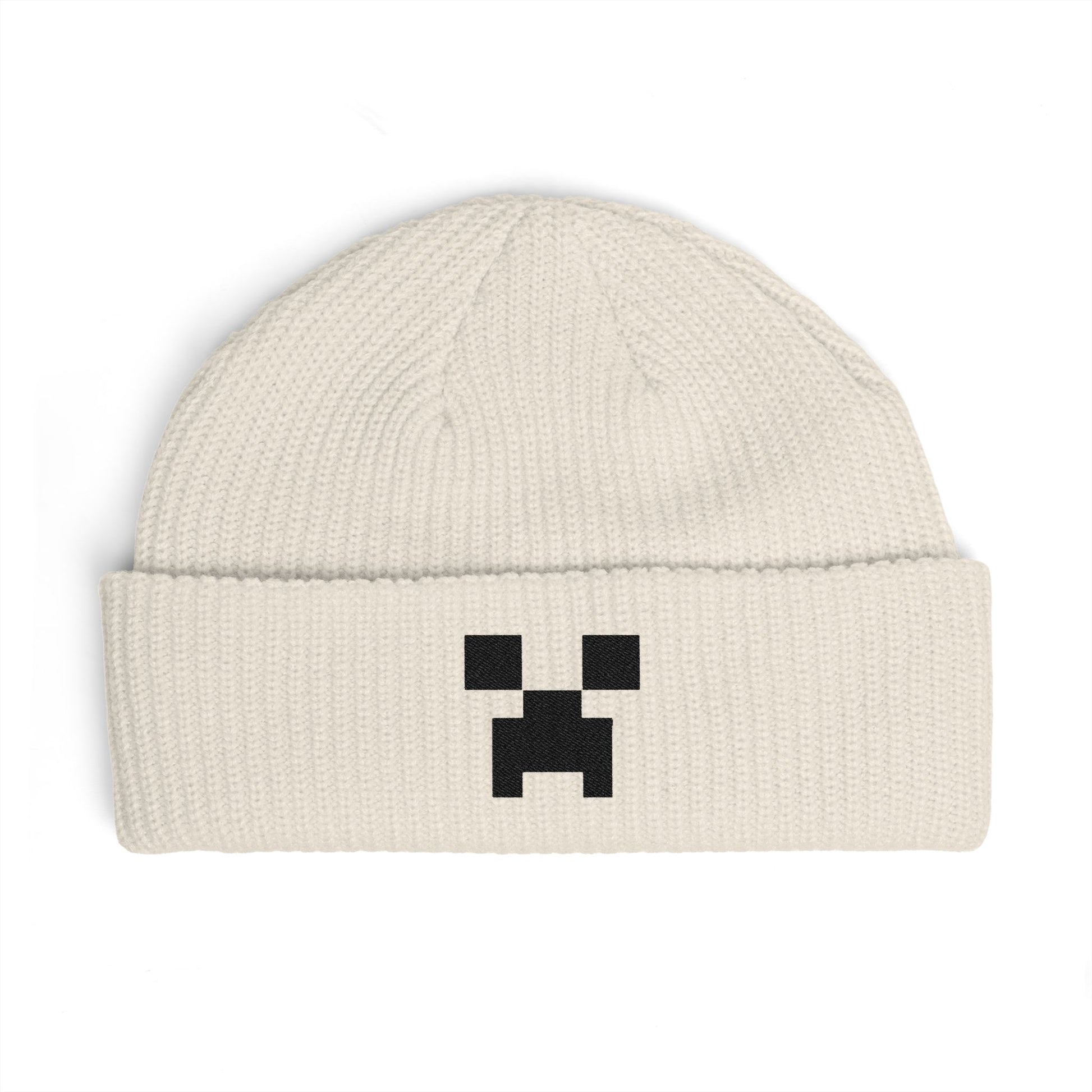 Pixel Creeper Face Cuff Beanie | Gaming Minecraft Inspired Knit Hat Hats Printify One size Ecru