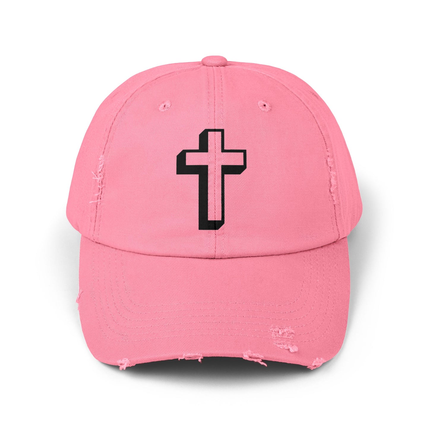 Distressed Black Cross Cap — Vintage Christian Baseball Hat Hats Printify True Pink One size