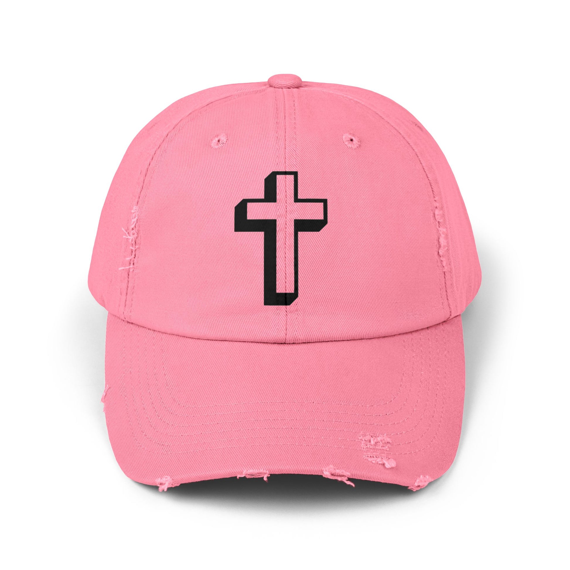 Distressed Black Cross Cap — Vintage Christian Baseball Hat Hats Printify True Pink One size
