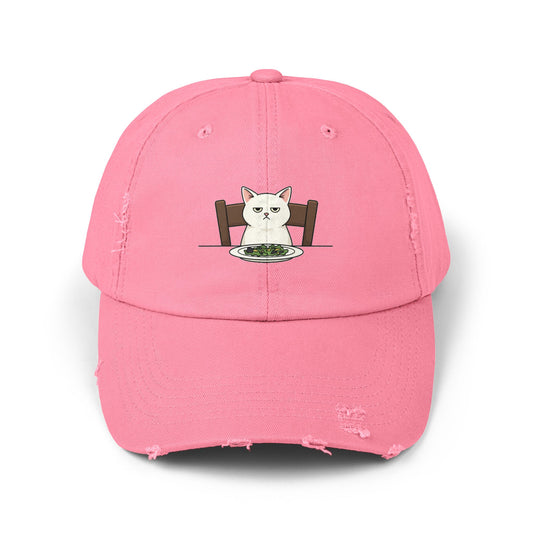 Distressed Cat At Dinner Cap — Cute White Cat Sitting at Table Baseball Hat