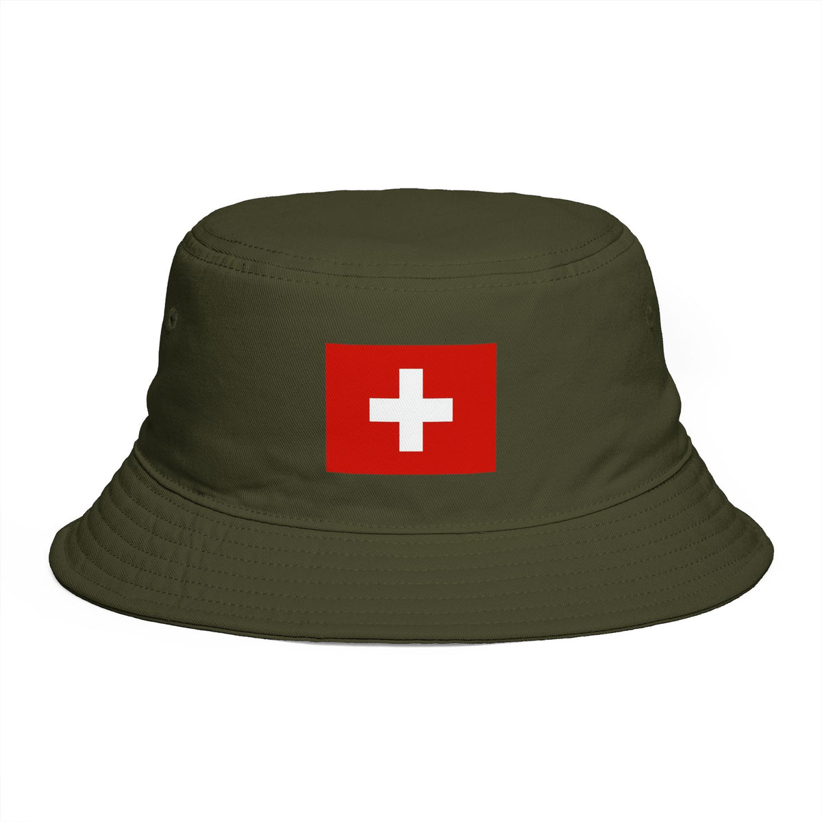 Swiss Cross Brown Bucket Hat — Alpine Flag Patch Sun Hat Hats Printify One size Army