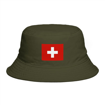 Swiss Cross Brown Bucket Hat — Alpine Flag Patch Sun Hat Hats Printify One size Army