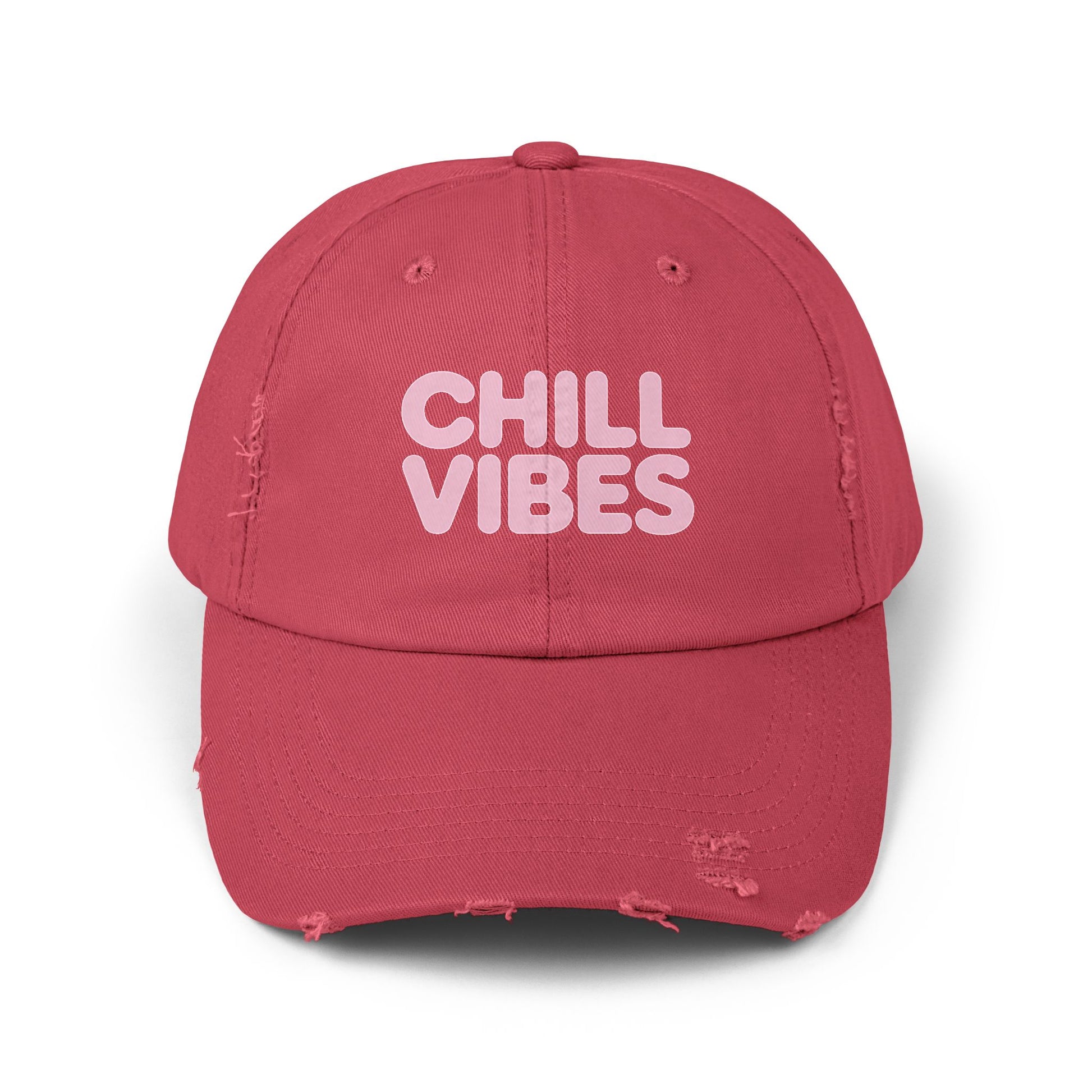 Chill Vibes Distressed Cap — Pink Text Casual Baseball Hat Hats Printify Dashing Red One size