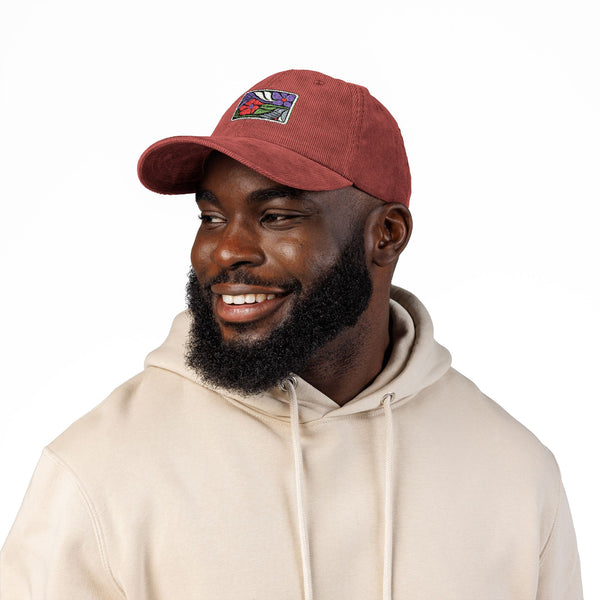 Corduroy Embroidered Cap — Vintage Floral Patch Baseball Hat Hats Printify Burgundy One size
