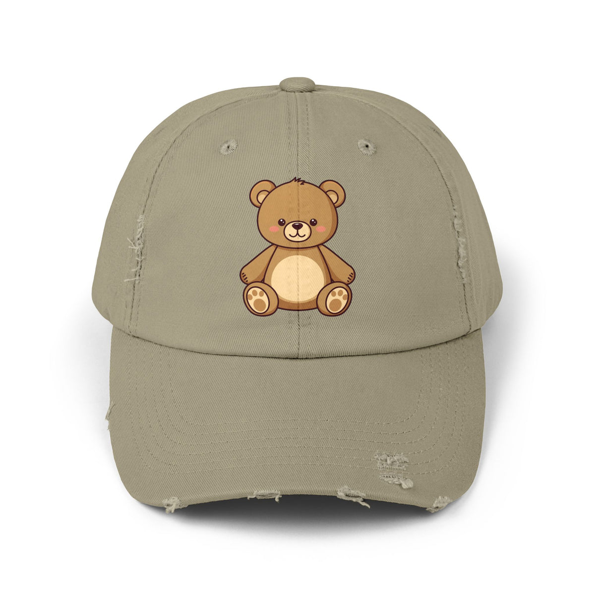 Teddy Bear Distressed Cap — Cute Retro Plush Hat for Casual Wear Hats Printify Light Olive One size