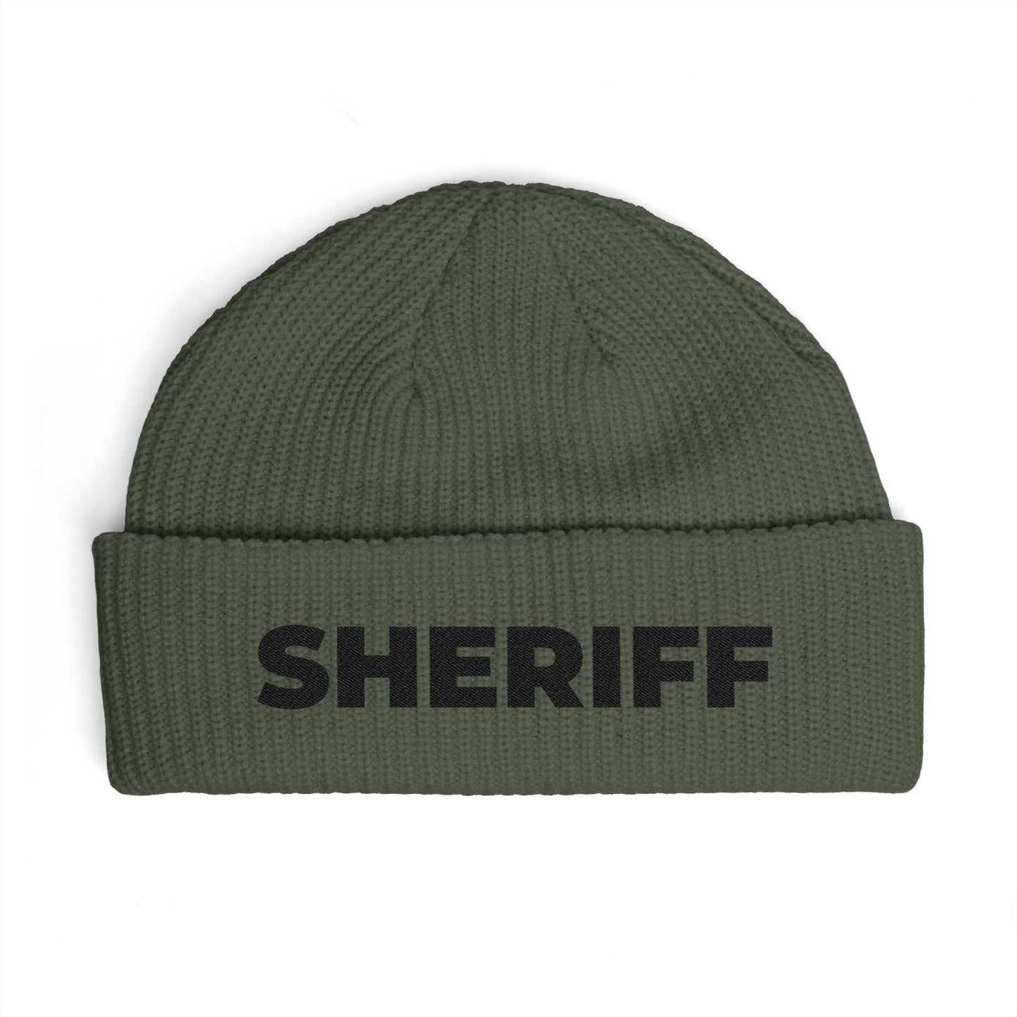 Cuff Beanie - 'SHRIFF' Embroidered Knit Hat (Festive Green-Gold Lettering) Hats Printify One size Cypress