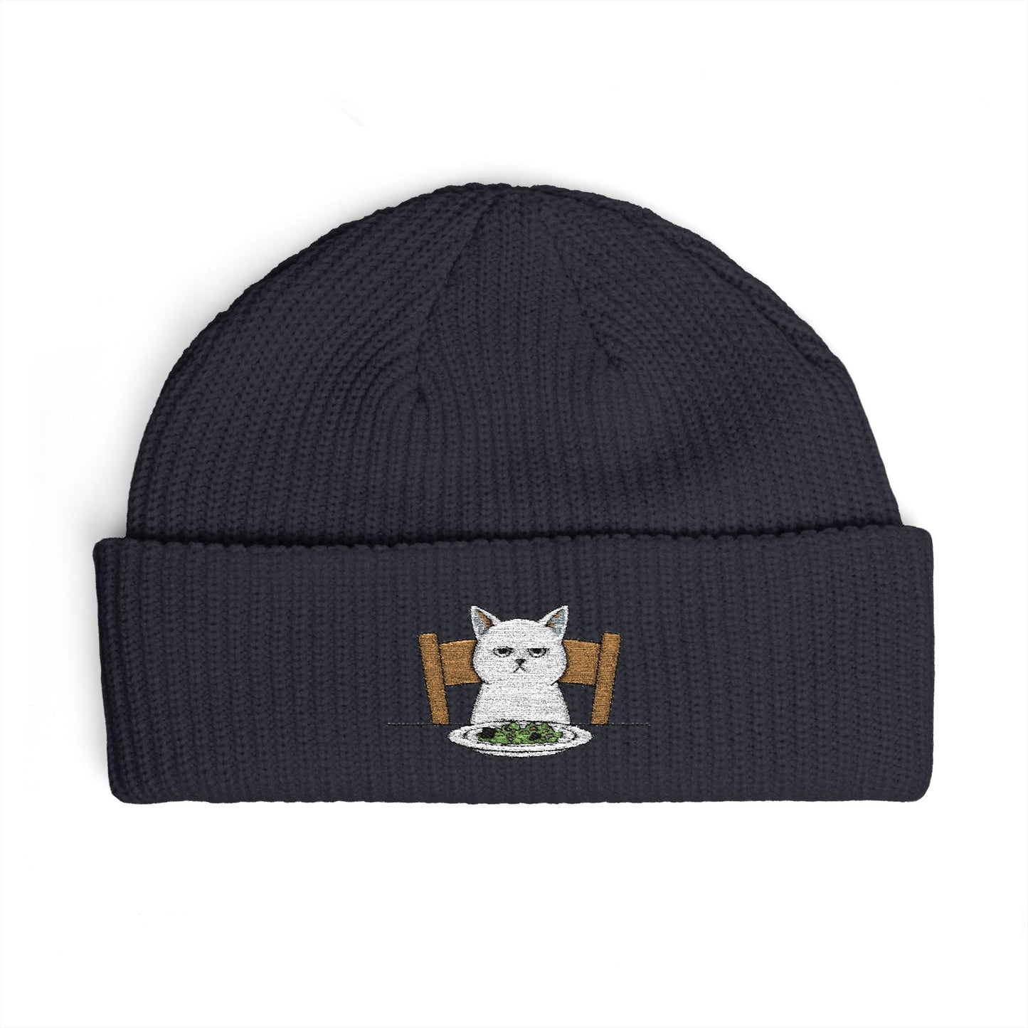 Cuffed Beanie with Embroidered White Cat on Chair – Cozy Cute Winter Hat Hats Printify One size Navy