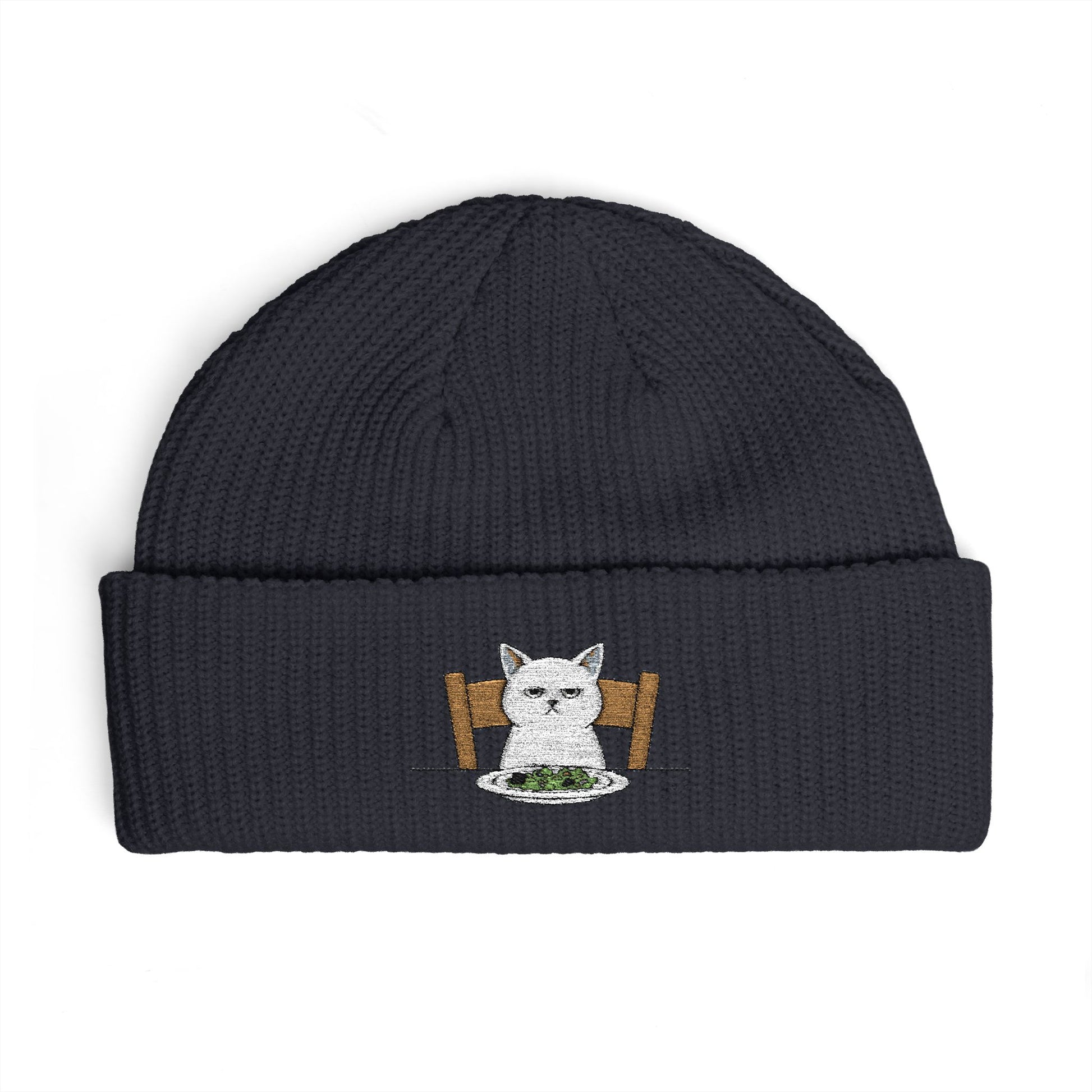 Cuffed Beanie with Embroidered White Cat on Chair – Cozy Cute Winter Hat Hats Printify One size Navy