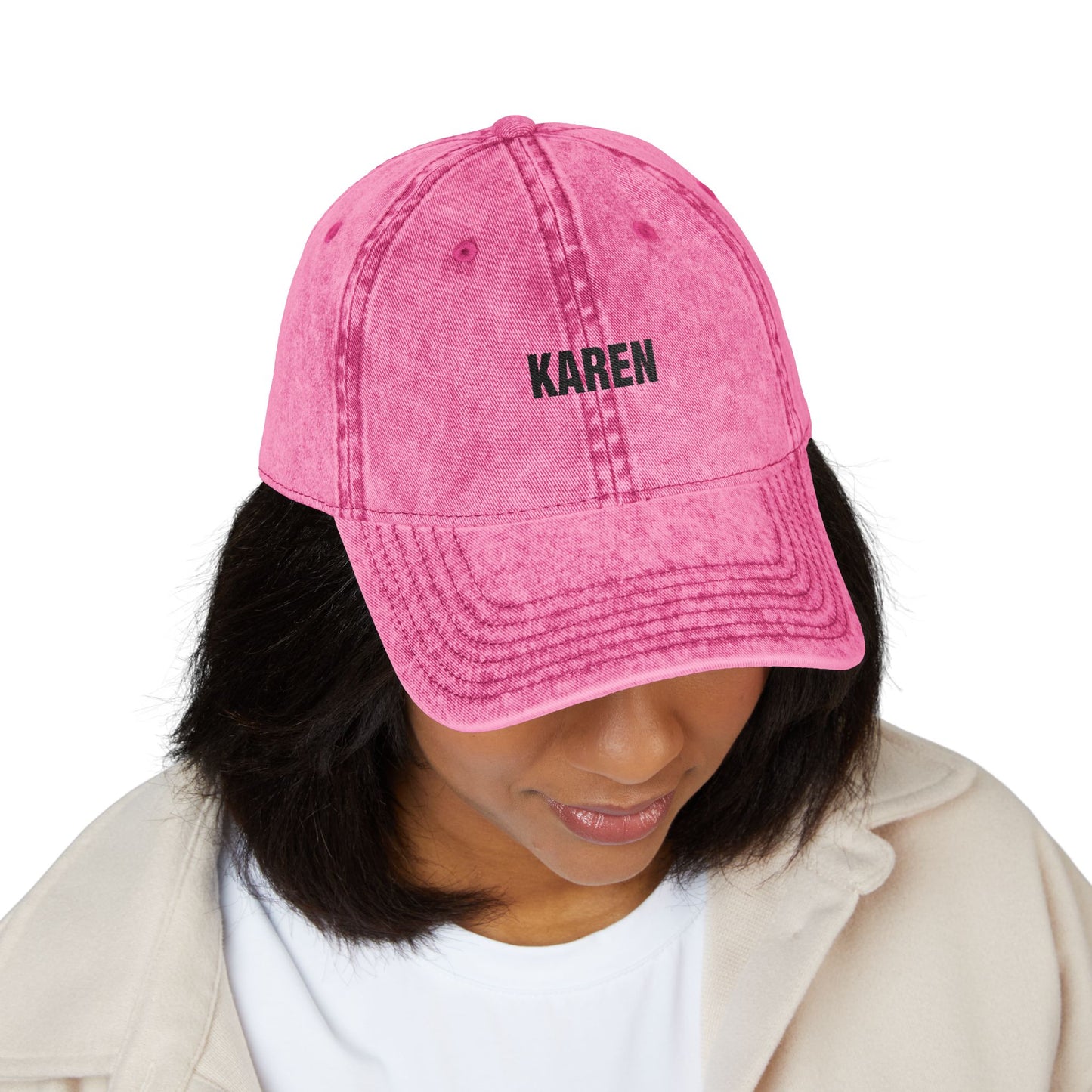 Embroidered 'KAREN' Vintage Baseball Cap - Distressed Red Dad Hat Hats Printify