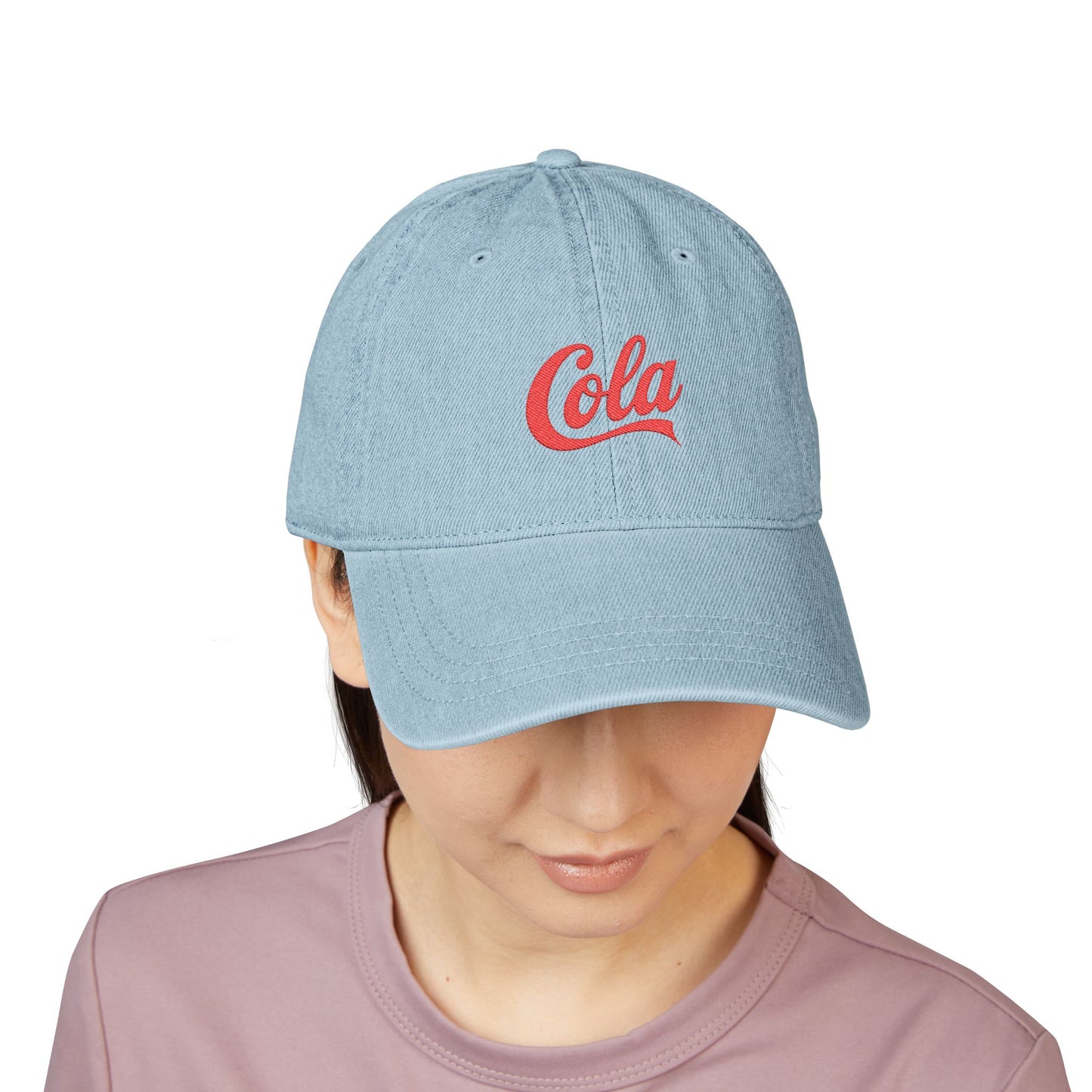 Embroidered 'Cola' Denim Hat – Vintage Script Baseball Cap Hats Printify