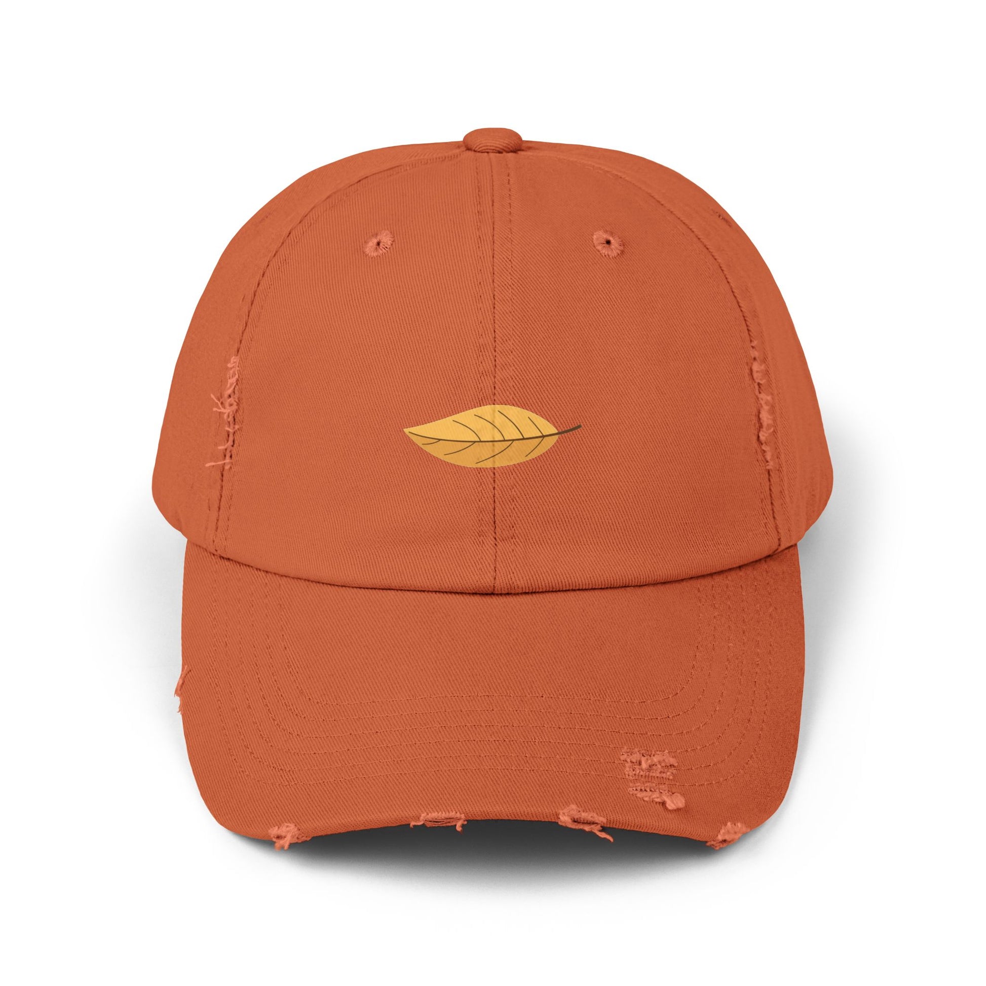 Distressed Black Cap with Golden Leaf Embroidery — Casual Fall Baseball Hat Hats Printify Burnt Orange One size